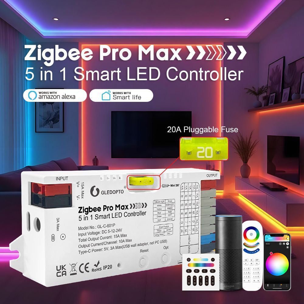 Gledopto Zigbee Pro Max – 5-in-1 LED controller, 15A, Zigbee, RF 2.4GHz (GL-C-601P)