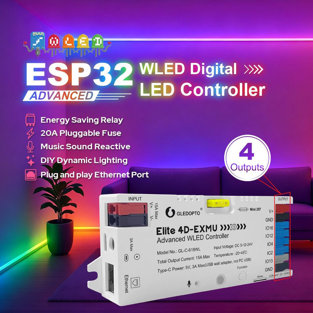 Gledopto Elite 4D-EXMU Advanced WLED Controller – Four-channel RGBIC LED controller with microphone, USB‑C, ESP32, Wi‑Fi, Ethernet (GL-C-618WL)