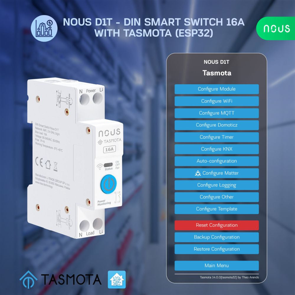 Nous D1T DIN-rail compatible Wi-Fi relay module with Tasmota firmware, Matter compatible, 16A
