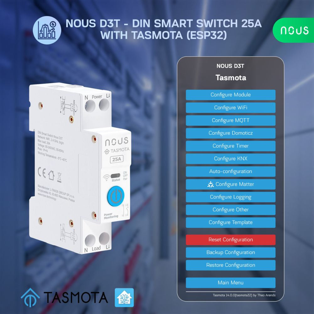 Nous D3T DIN-rail compatible Wi-Fi relay module with Tasmota firmware, Matter compatible, 25A
