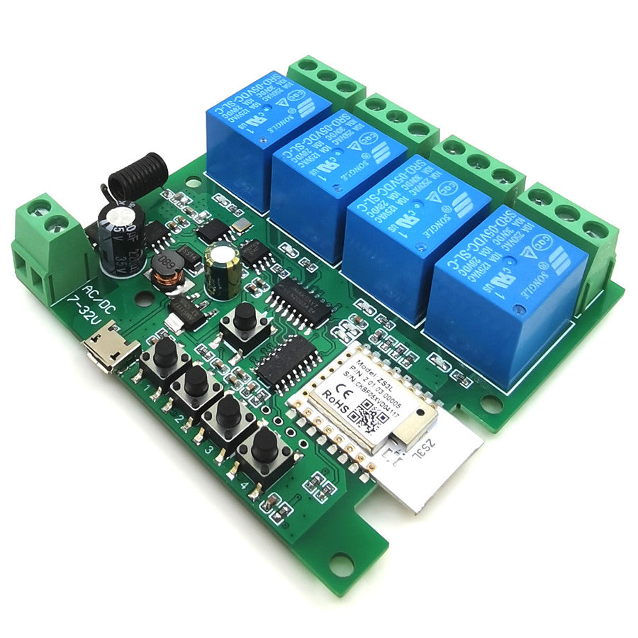 SmartWise 5V-32V 4-gang smart relay switch, with dry contact and momentary switch, Zigbee + RF