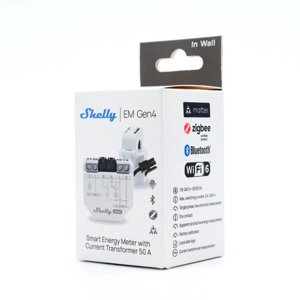 Shelly EM Gen4 – Single-phase, dual energy meter with 1x 50A current transformer and 2A contactor, Wi-Fi, Bluetooth, Zigbee, Matter (S4EM-002CXCEU)