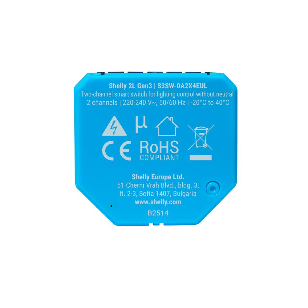 Shelly 2L Gen3 smart 2-gang relay modul for no-neutral wiring