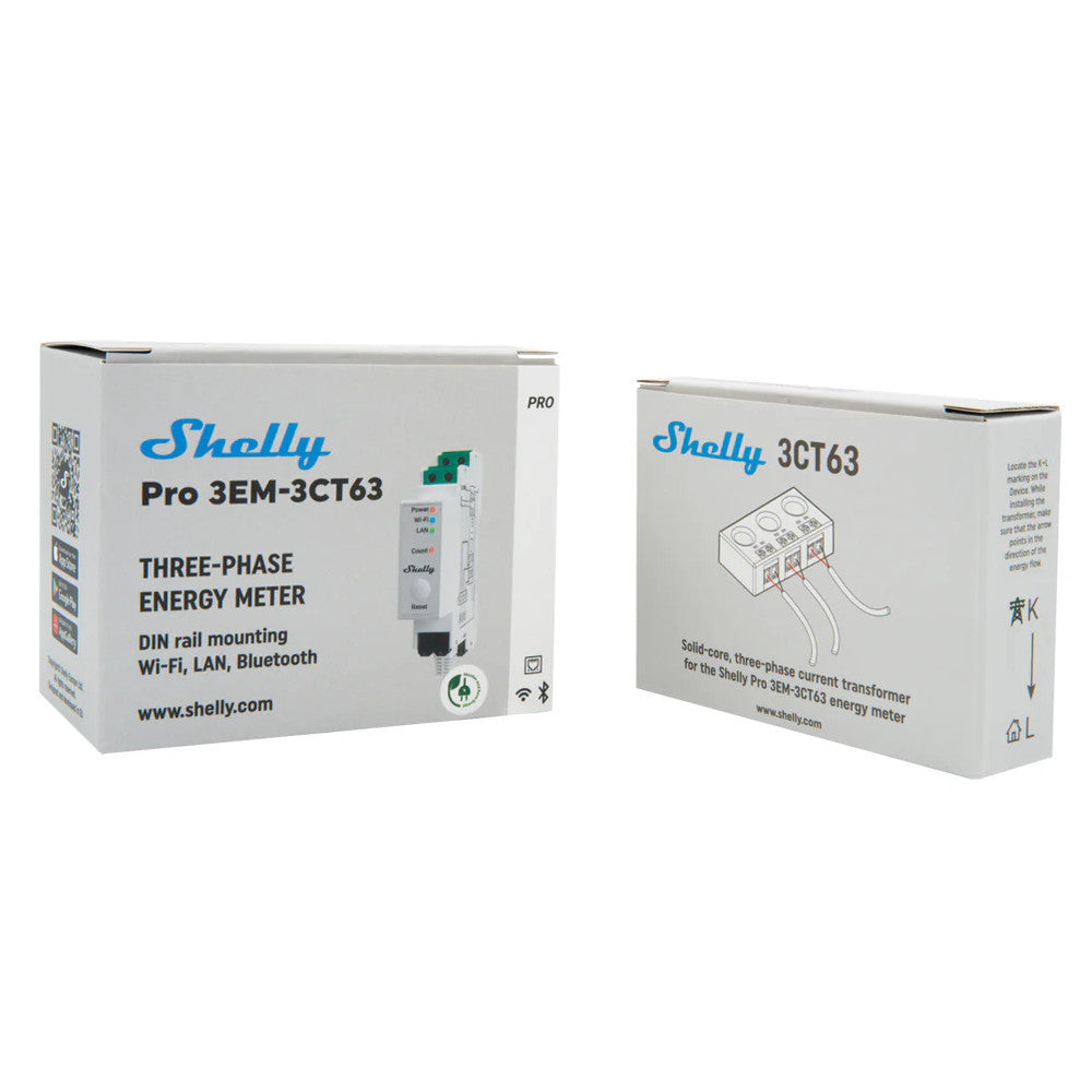 Shelly Pro 3EM-3CT63 – 3-Phase smart Wi-Fi + Ethernet energy meter (3 x 63A)