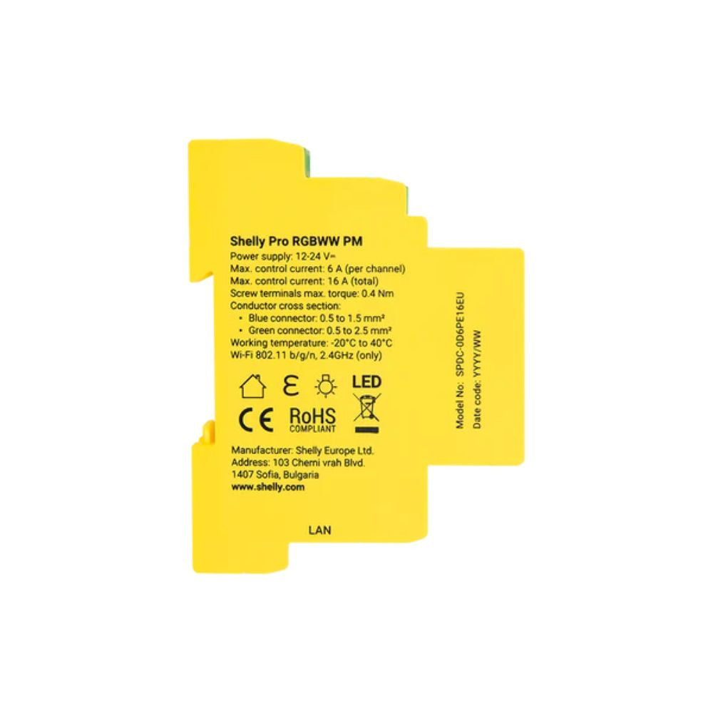 Shelly Pro RGBWW PM smart Wi-Fi + Ethernet RGBWW LED controller, DIN-rail compatible