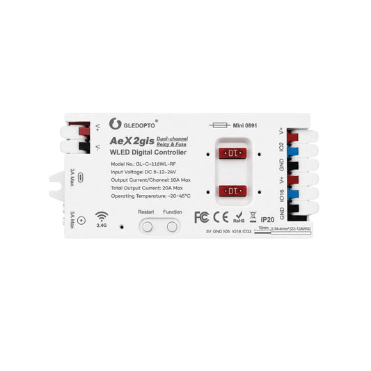 Gledopto AeX2gis – Two-channel WLED controller with relay and fuse, Wi-Fi, RF  (GL-C-116WL-RF)