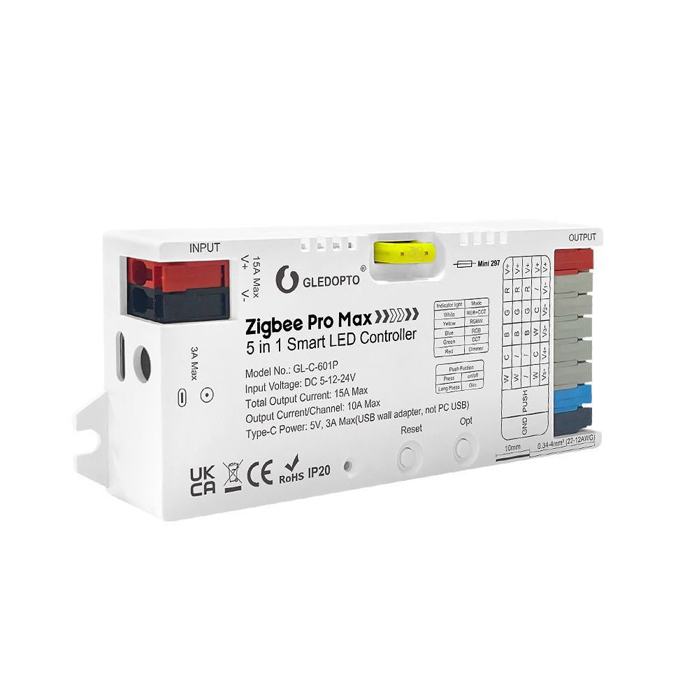 Gledopto Zigbee Pro Max –  5-in-1 LED controller, 15A, Zigbee, RF 2.4GHz (GL-C-601P)