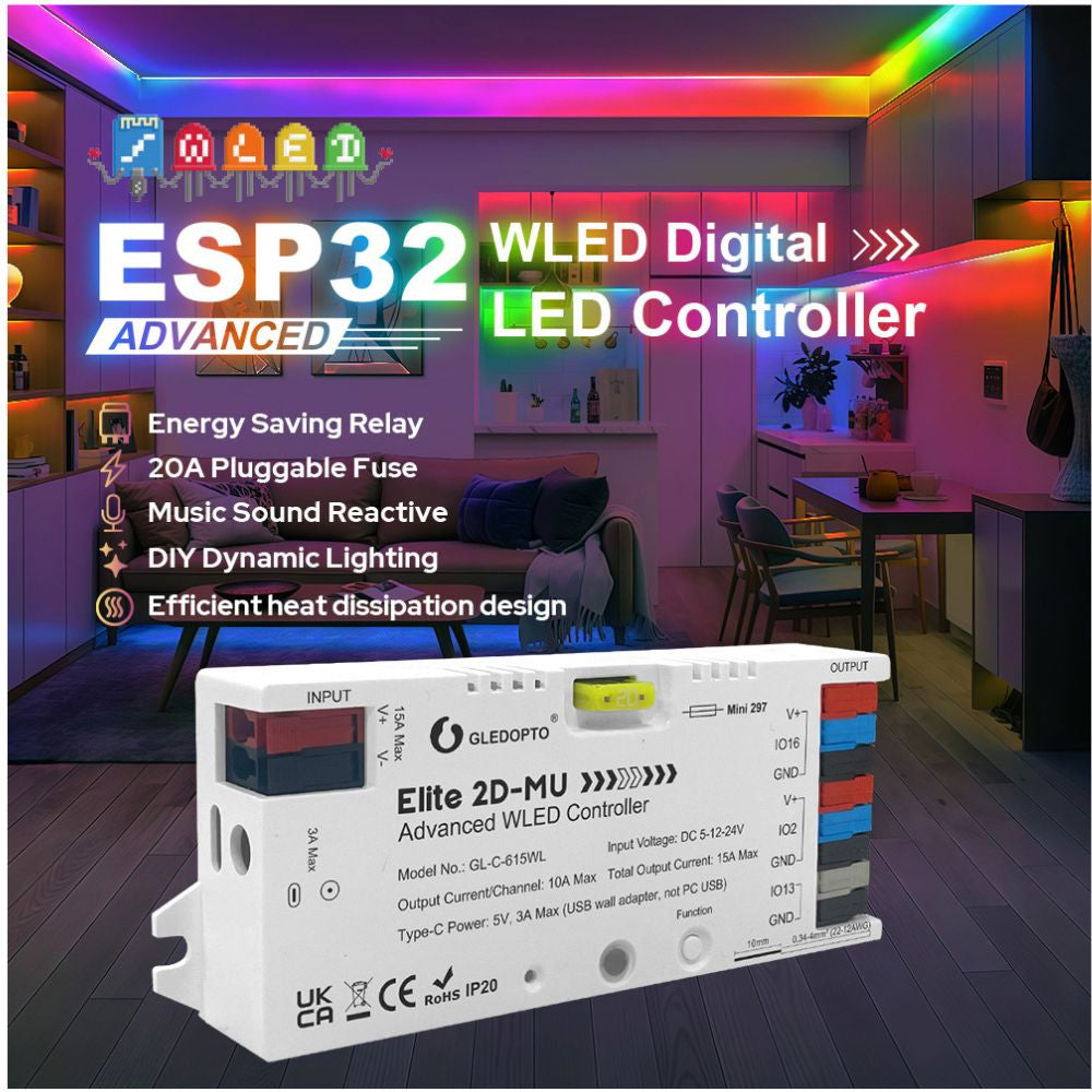 Gledopto Elite 2D-MU Advanced WLED Controller  – Two-channel RGBIC LED controller with microphone, USB‑C, ESP32, Wi‑Fi (GL-C-615WL)