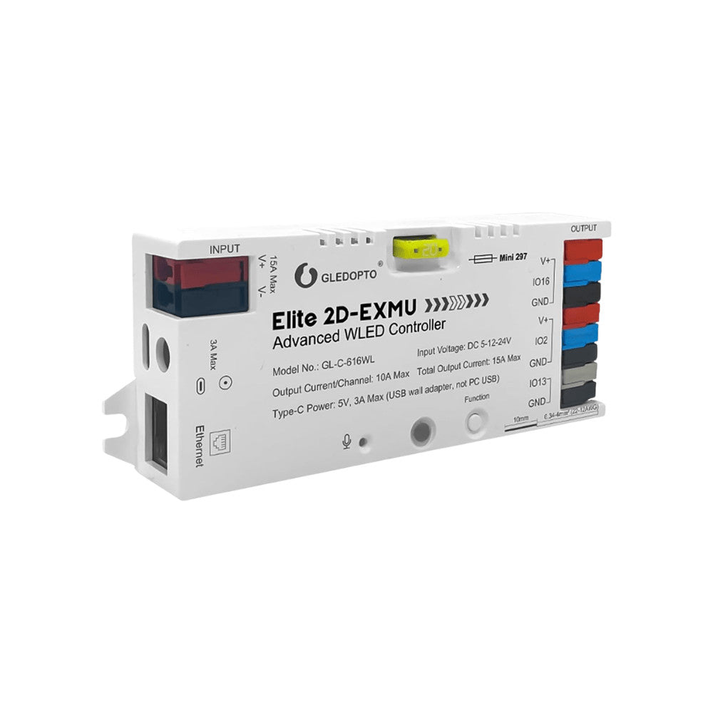 Gledopto Elite 2D-EXMU Advanced WLED Controller  – Two-channel RGBIC LED controller with microphone, USB‑C, ESP32, Wi‑Fi, Ethernet (GL-C-616WL)