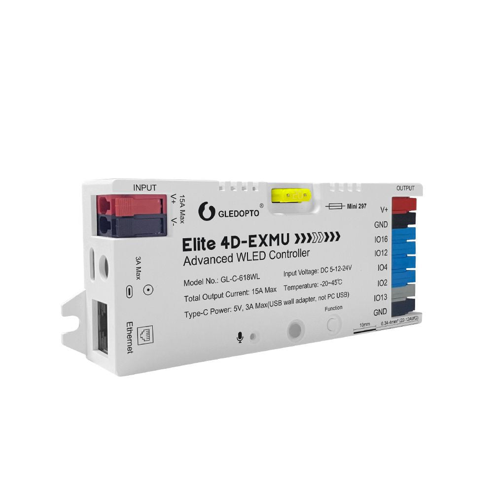 Gledopto Elite 4D-EXMU Advanced WLED Controller  – Four-channel RGBIC LED controller with microphone, USB‑C, ESP32, Wi‑Fi, Ethernet (GL-C-618WL)