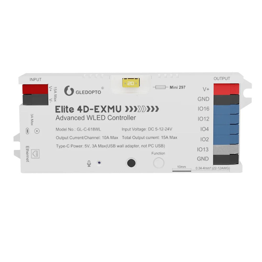 Gledopto Elite 4D-EXMU Advanced WLED Controller  – Four-channel RGBIC LED controller with microphone, USB‑C, ESP32, Wi‑Fi, Ethernet (GL-C-618WL)