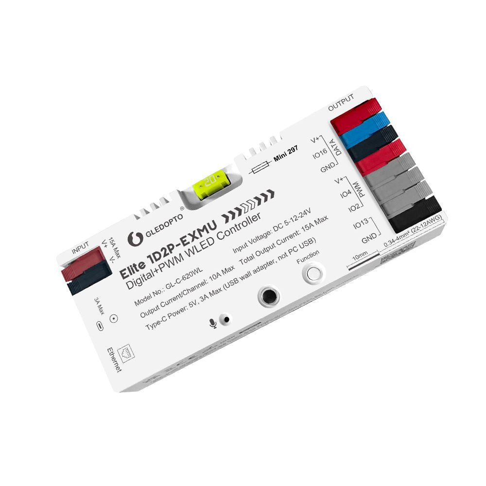 Gledopto Elite 1D2P-EXMU Digital + PWM WLED Controller – Four-channel RGBIC LED controller with microphone, USB‑C, ESP32, Wi‑Fi, Ethernet (GL-C-620WL)