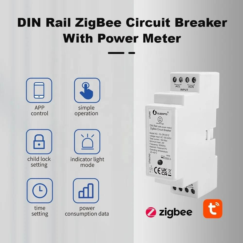 Gledopto GL-DR-001Z Tuya Zigbee DIN-rail relay with power meter (16A)