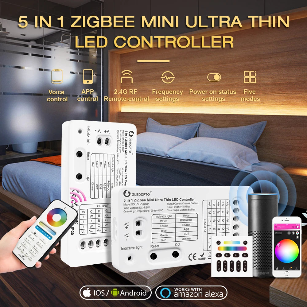 Gledopto Zigbee 3.0 DC5-24V Mini 5 in 1 RGBCCT/RGBW/RGB/CCT/Dimmer