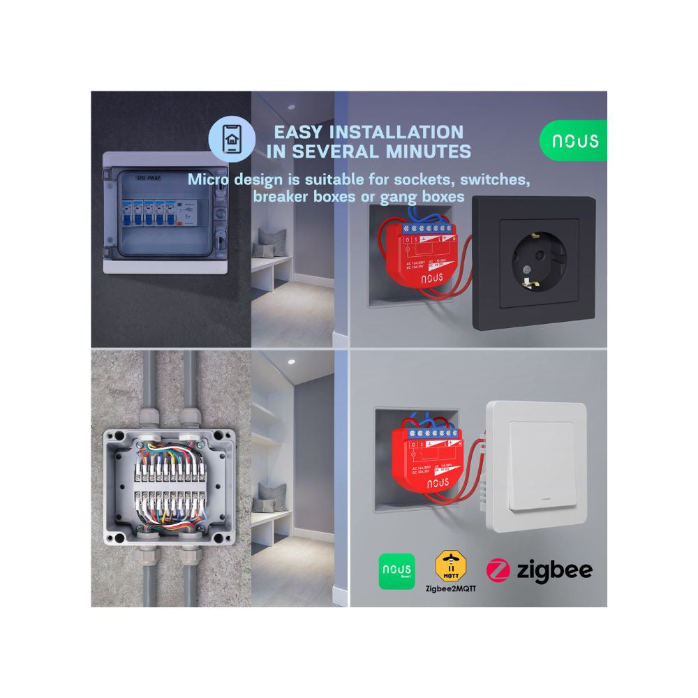 Nous B2Z smart Tuya Zigbee mini relay module, with power meter and switch input, 1-gang