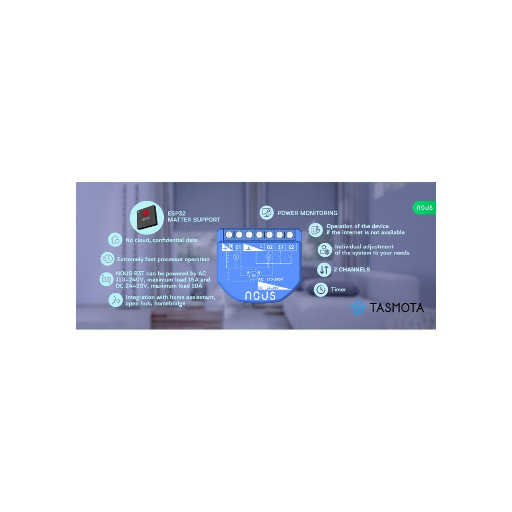 Nous B3T smart Wi-Fi 2-gang mini module, power meter, roller shutter / curtain control (Tasmota, Matter compatible)