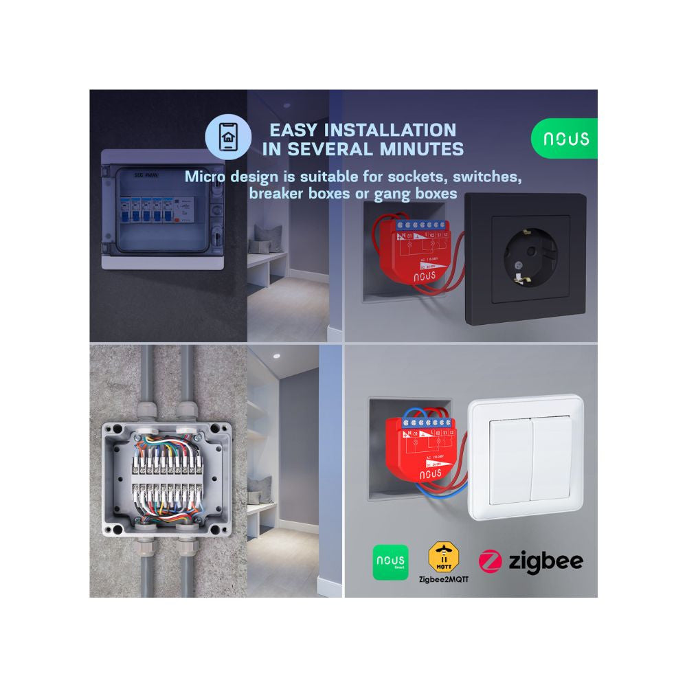 Nous B3Z smart Tuya Zigbee mini relay module, with power meter and switch input, 2 gang