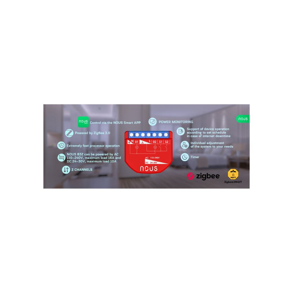 Nous B3Z smart Tuya Zigbee mini relay module, with power meter and switch input, 2 gang
