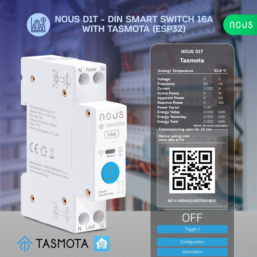 Nous D1T DIN-rail compatible Wi-Fi relay module with Tasmota firmware, Matter compatible, 16A