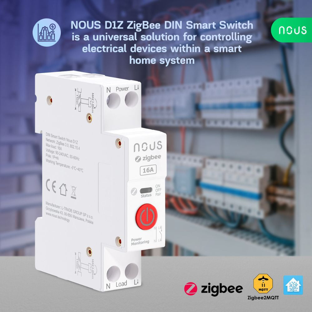 Nous D1Z - DIN-compatile smart Tuya Zigbee relay module, 16A