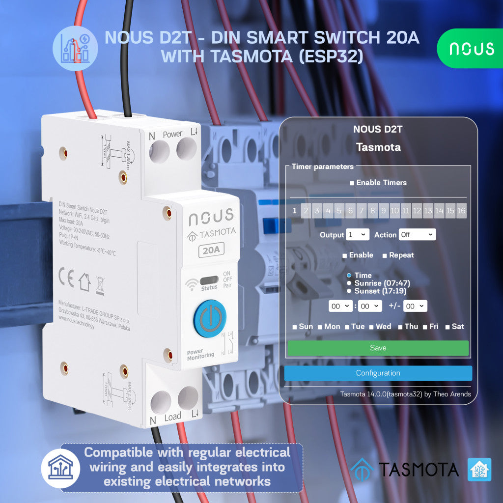 Nous D2T DIN Smart Switch 20A with Tasmota (1 channel, with PM, ESP32)