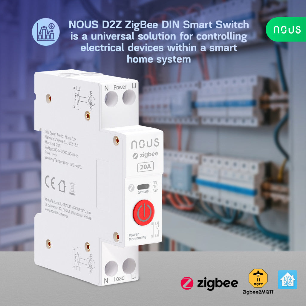 Nous D2Z Zigbee DIN Smart Switch 20A (1 channel, with PM)