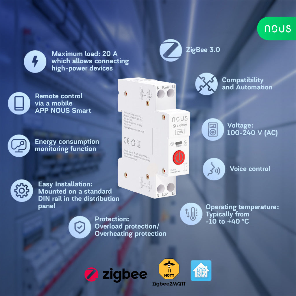 Nous D2Z Zigbee DIN Smart Switch 20A (1 channel, with PM)
