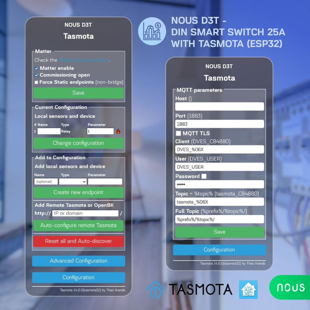 Nous D3T DIN-rail compatible Wi-Fi relay module with Tasmota firmware, Matter compatible, 25A