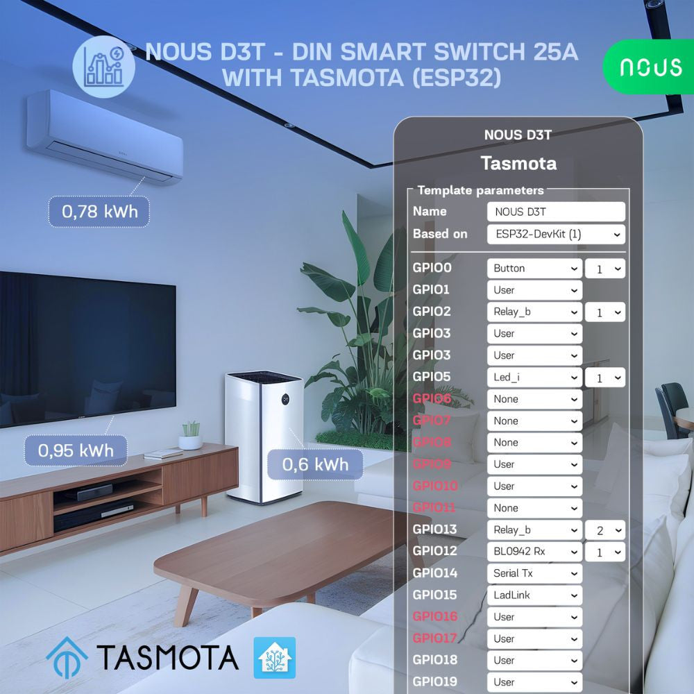 Nous D3T DIN-rail compatible Wi-Fi relay module with Tasmota firmware, Matter compatible, 25A