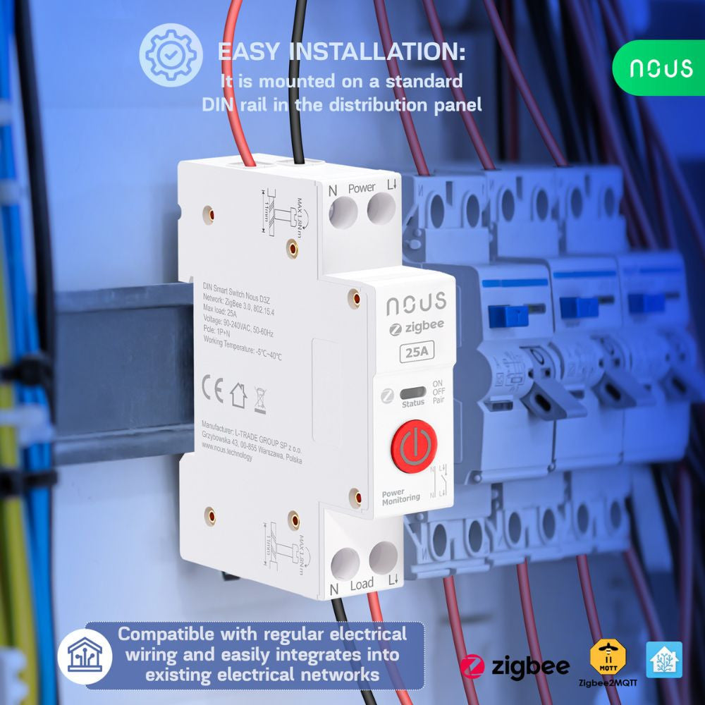 Nous D3Z - DIN-compatile smart Tuya Zigbee relay module, 25A