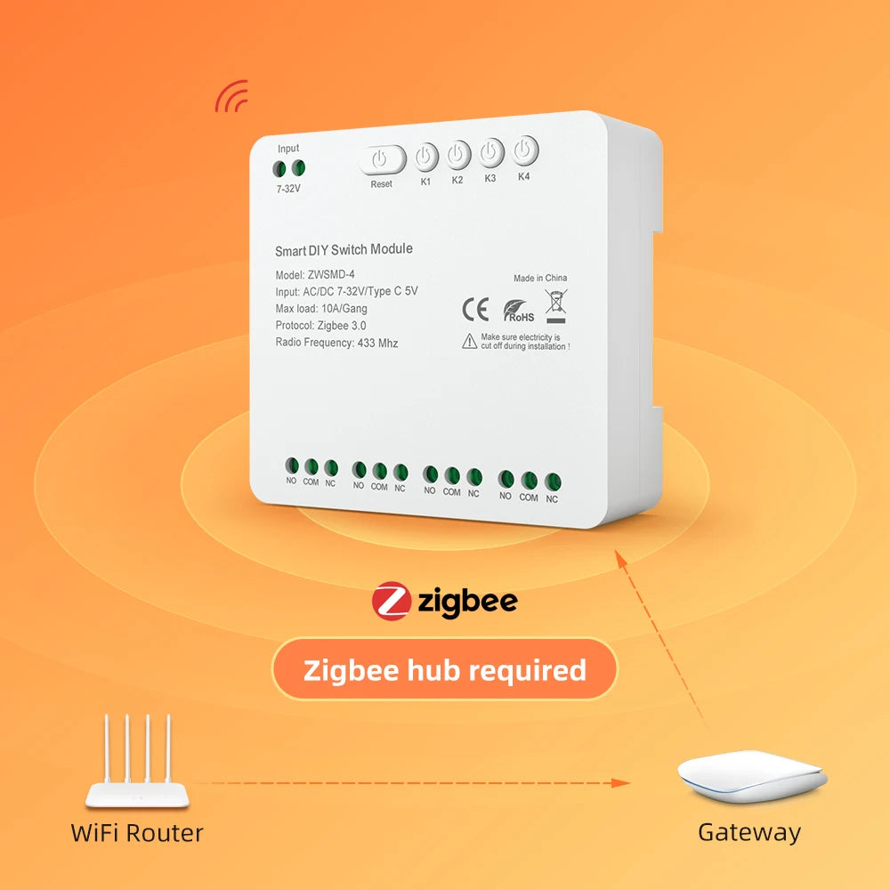 Tuya Zigbee-Schaltmodul, 4 Kanäle, 7–32 V/85–250 V