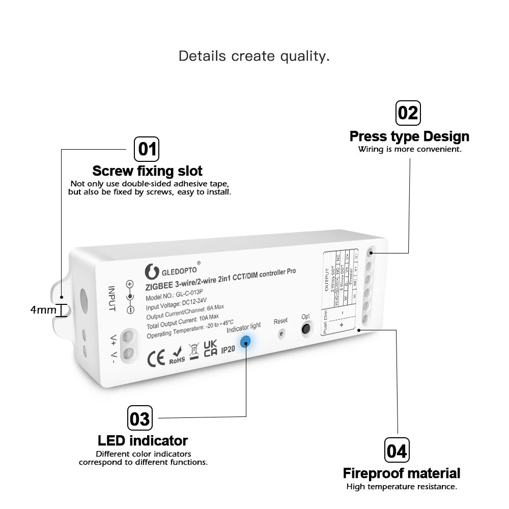 GLEDOPTO 2 Wires CCT/DIM ZigBee 3.0 Smart LED Strip Controller