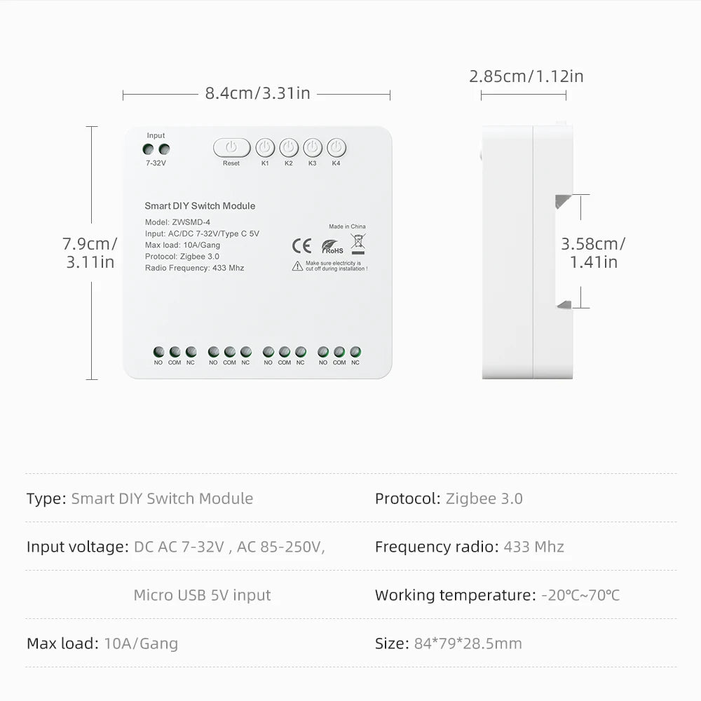 Tuya Zigbee-Schaltmodul, 4 Kanäle, 7–32 V/85–250 V