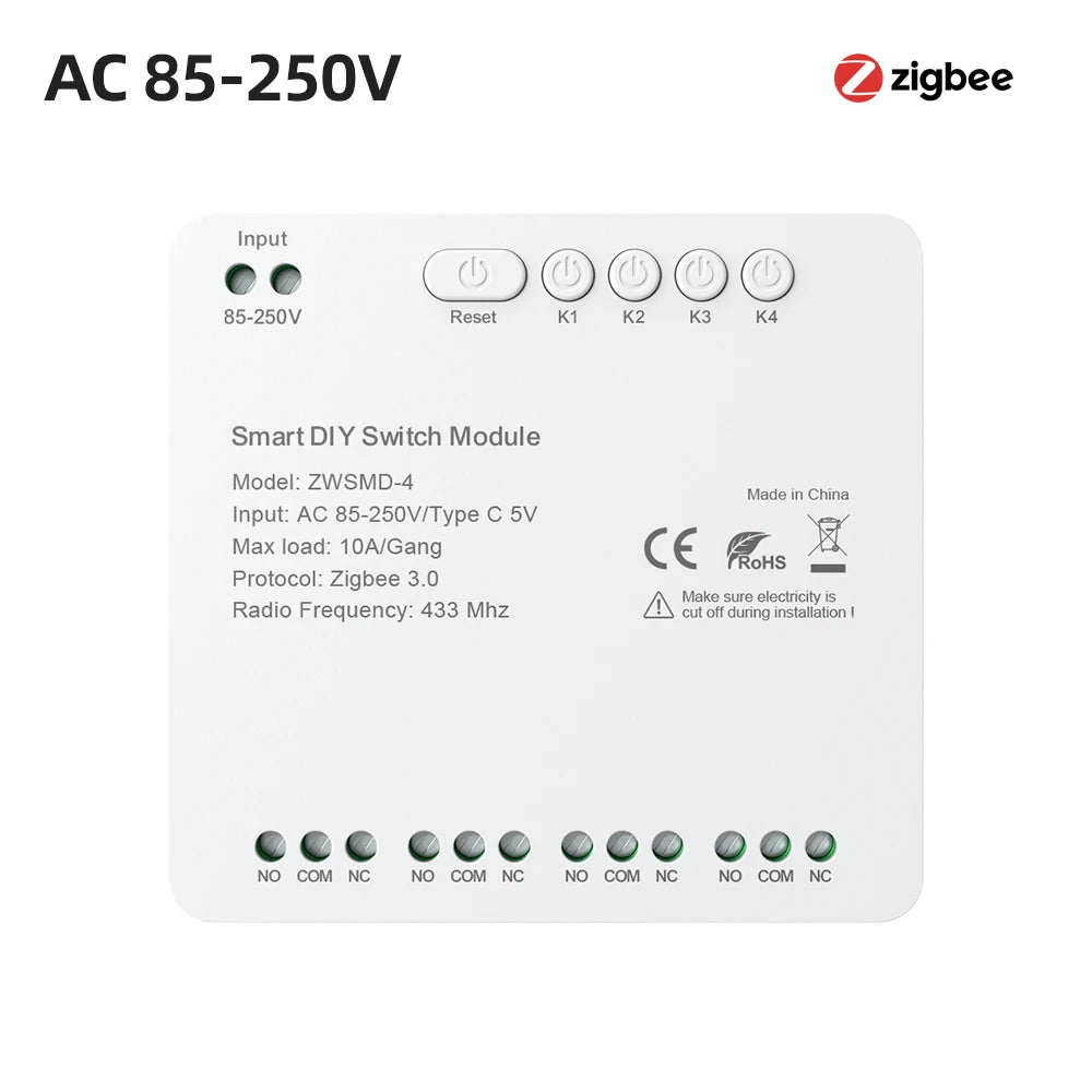 Tuya Zigbee-Schaltmodul, 4 Kanäle, 7–32 V/85–250 V