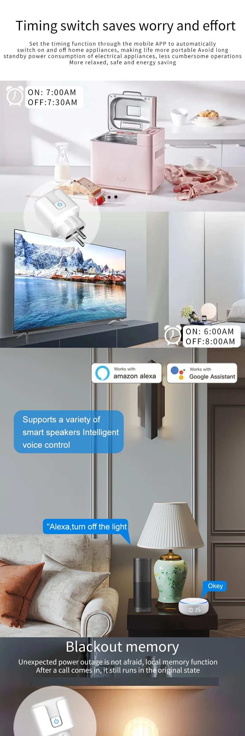 Tuya WiFi Smart Plug Socket EU 16/20A with Power Monitoring Timing Voice Control Works with Alexa Google Home Smart Life