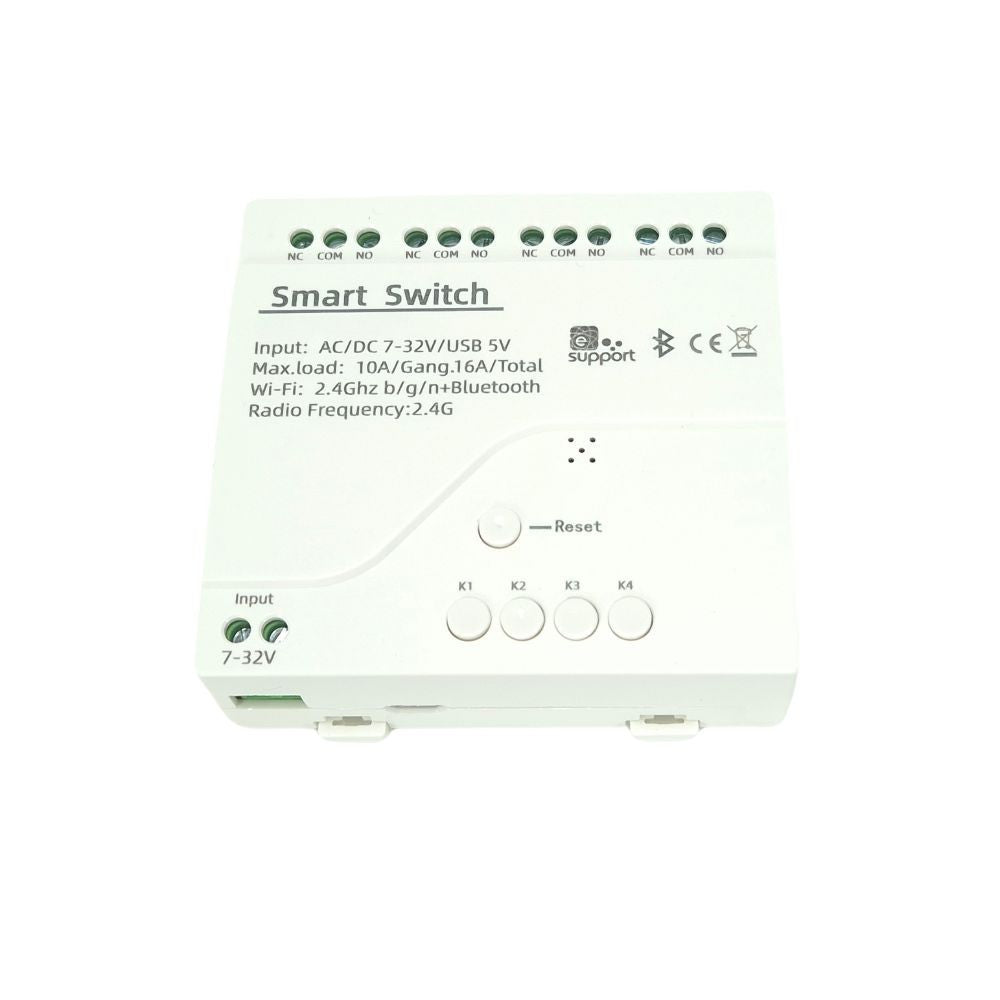 SmartWise 5V-32V Wi-Fi + Bluetooth 4-gang smart relay switch, NO/NC, dry contact, momentary, interlock, eWeLink compatible, in plastic case