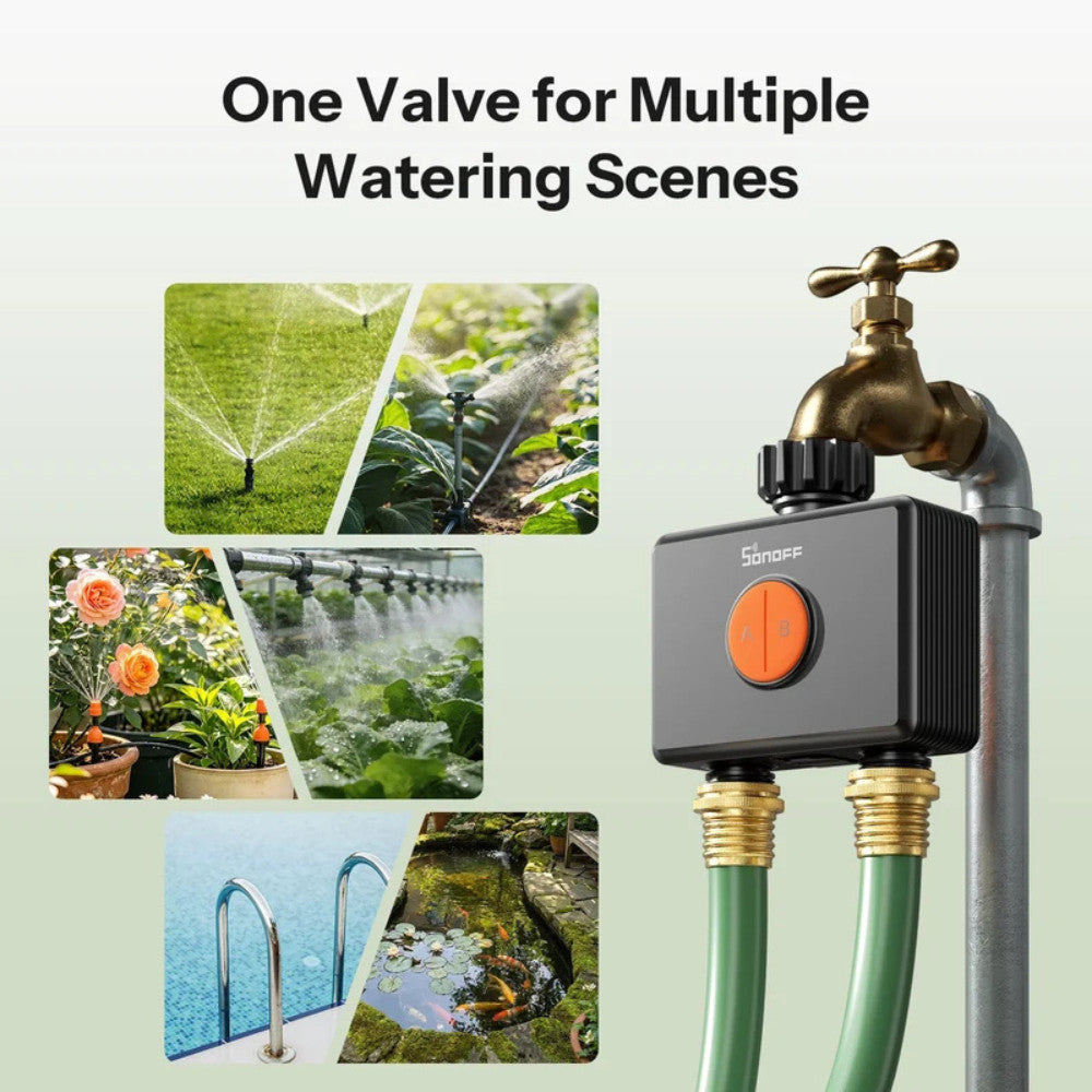 SONOFF Hydro DUO – two‑channel smart water valve with flow meter, Zigbee, black (SWV-ZF2E)