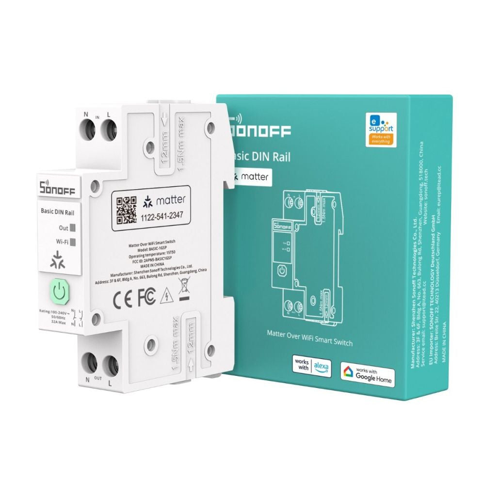 Sonoff Basic DIN Rail – Smart DIN-rail mountable 32A relay module with energy monitoring, WiFi, Bluetooth, Matter (BASIC-1GSP)