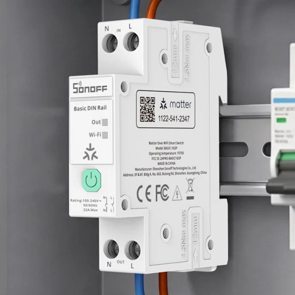 Sonoff Basic DIN Rail – Smart DIN-rail mountable 32A relay module with energy monitoring, WiFi, Bluetooth, Matter (BASIC-1GSP)