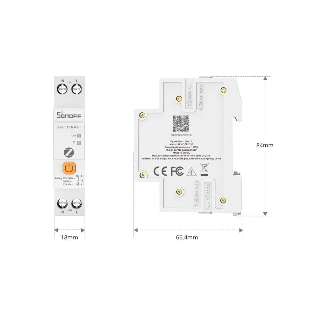 Sonoff Basic DIN Rail – Relay module, 1‑circuit, with energy monitoring, DIN‑rail mount, 32A, Zigbee, Bluetooth