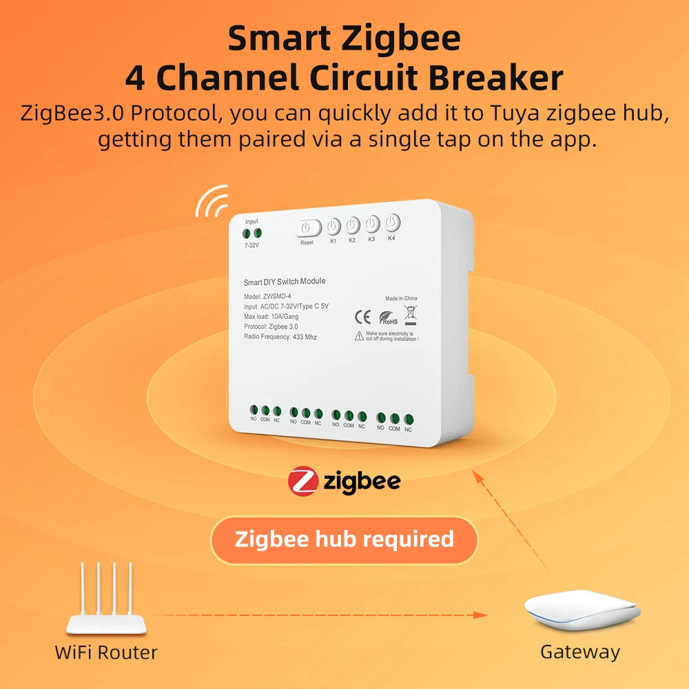 Tuya Zigbee-Schaltmodul, 4 Kanäle, 7–32 V/85–250 V