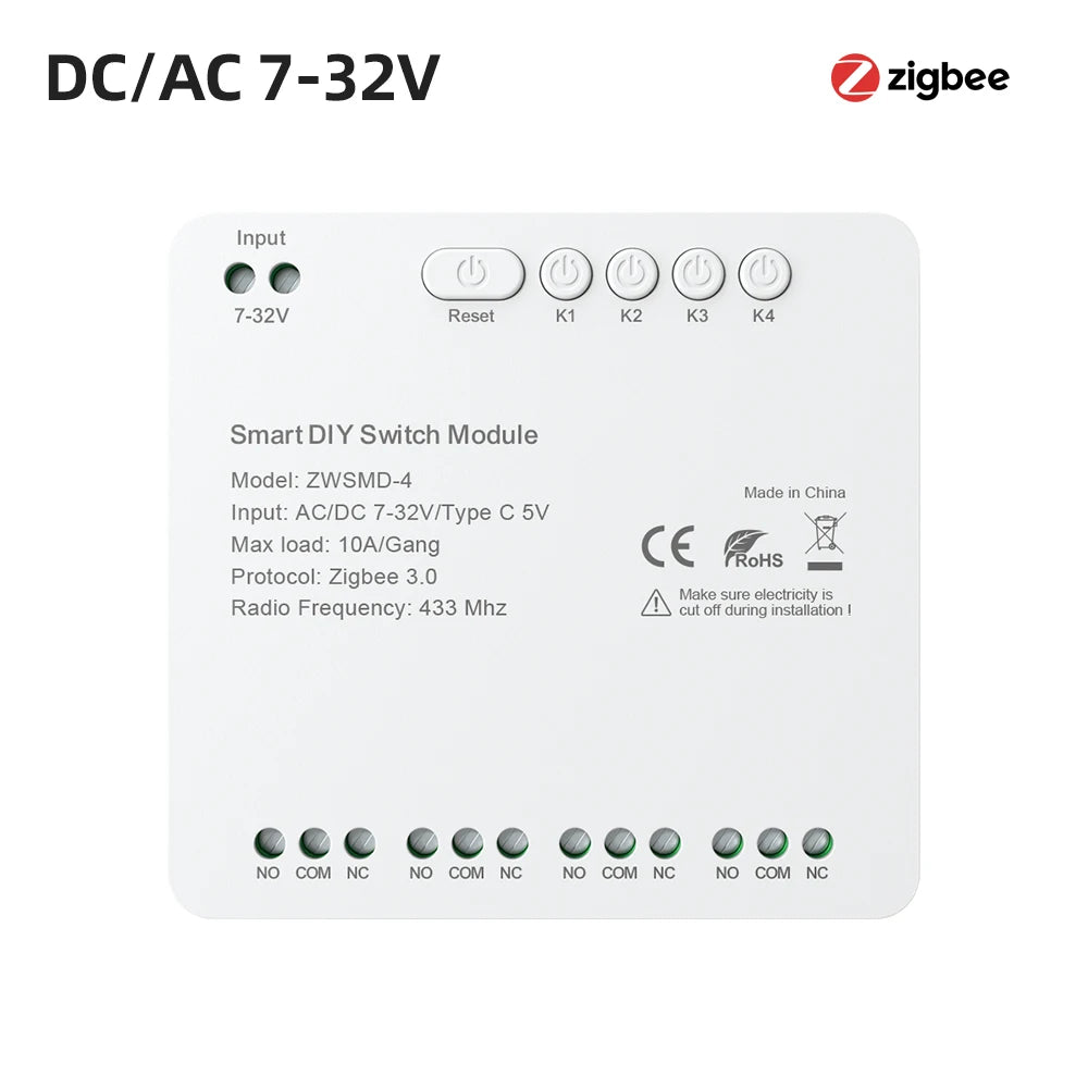 Tuya Zigbee-Schaltmodul, 4 Kanäle, 7–32 V/85–250 V